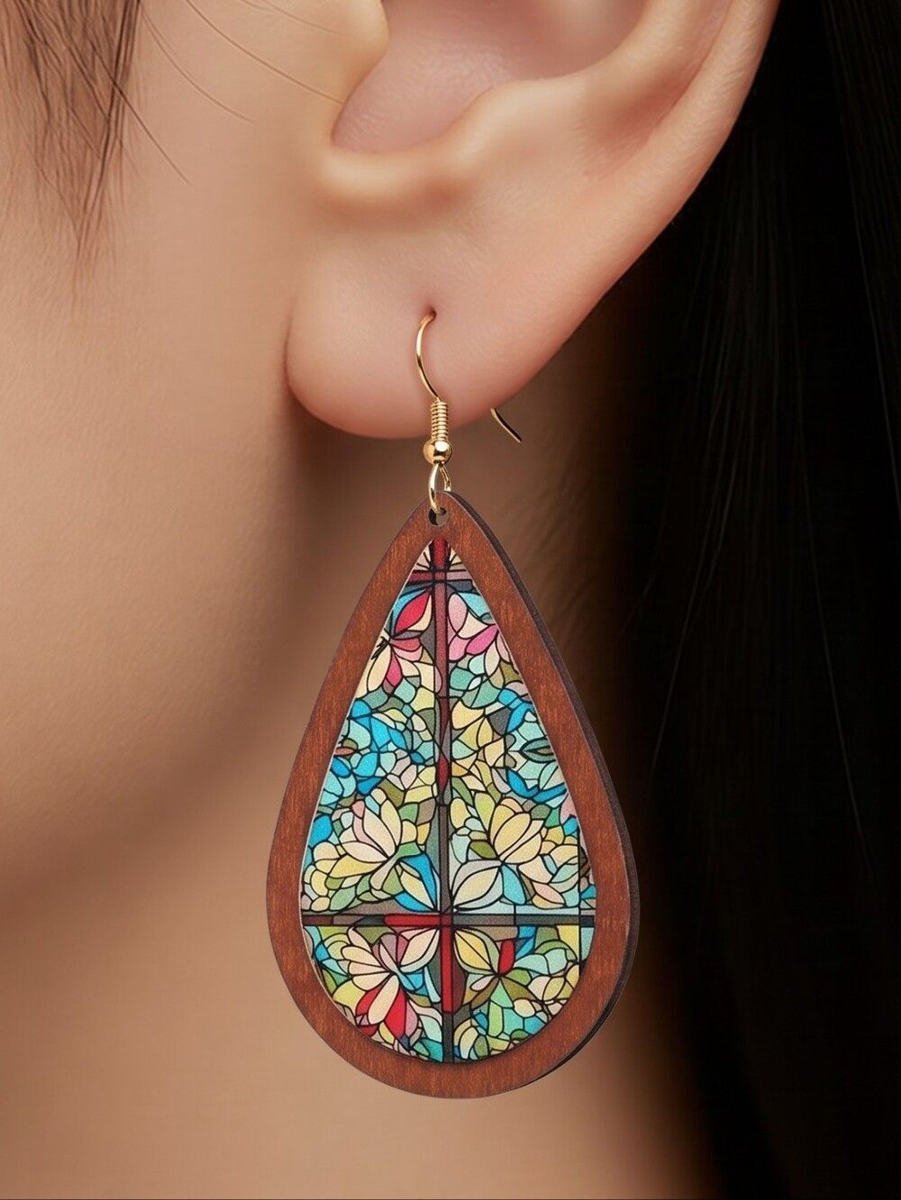 Mosaic Translucent Earrings Wooden Stained Glass Teardrop Pierced Hook Jewelry